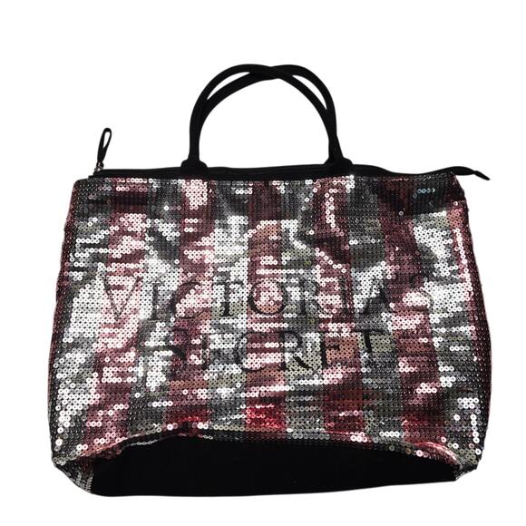 Victoria's Secret Handbags - Victoria's Secret Large Zip Shoulder Bag Sequin Striped Pink Weekender Tote